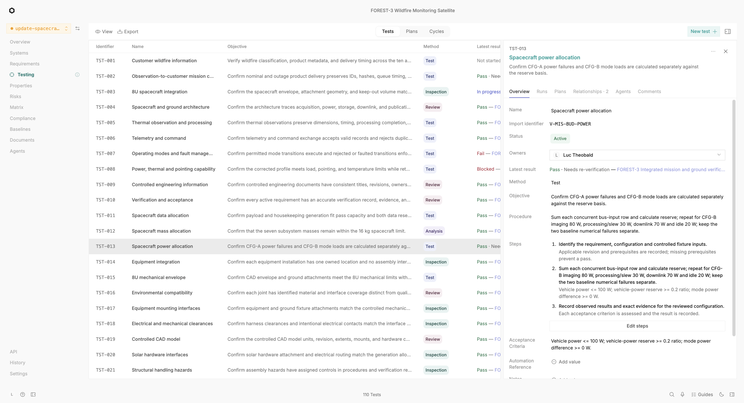 Arc FOREST-3 demo test record with a retained Pass marked Needs re-verification